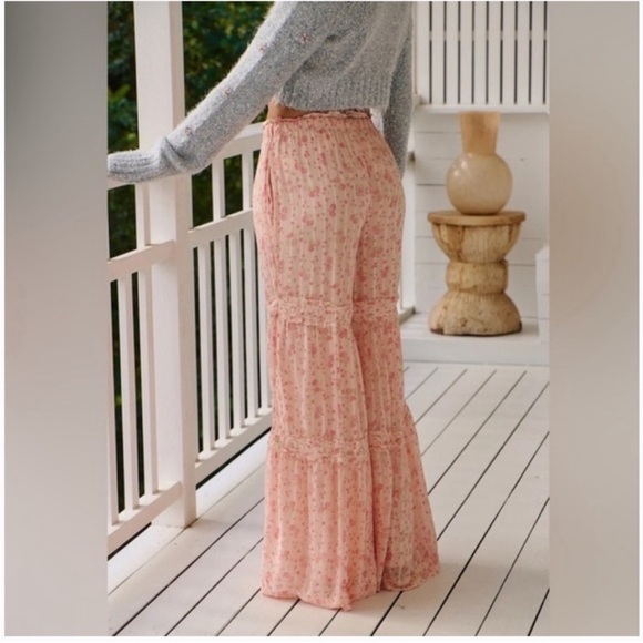 New Free Peoplel Emmaline Tiered Floral Wide Leg Pull-On Pants Peach Combo Sz L - Picture 2 of 16